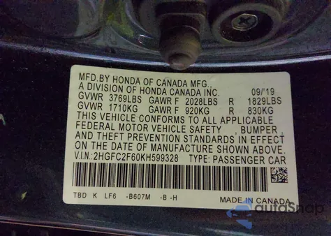 2019 Honda Civic Lx from USA, damaged, VIN 2HGFC2F60KH599328